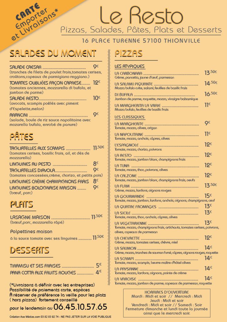 Carte Menus et Pizzas - Le Resto Thionville